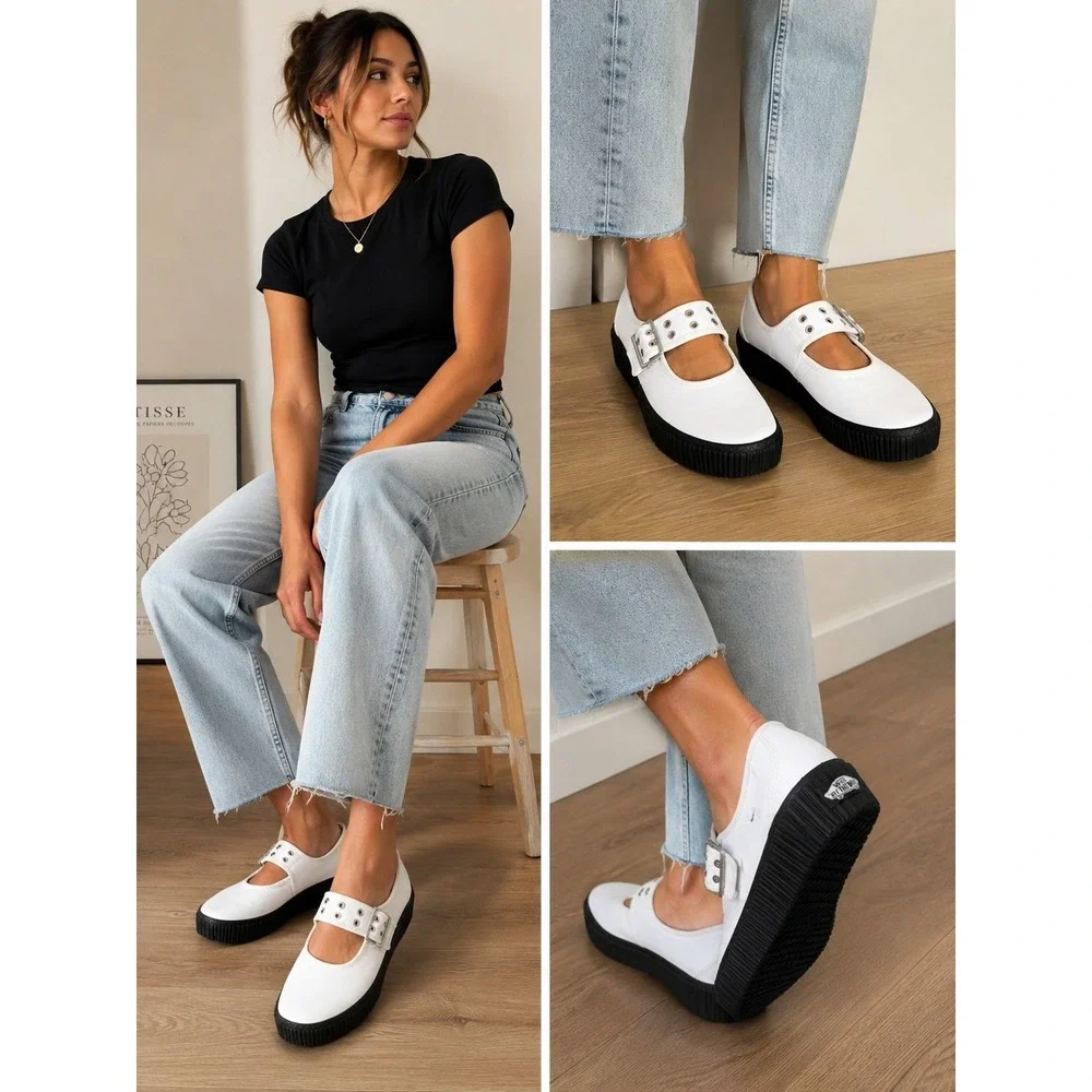 Vans Style 93 Chunky Creeper Platform Mary Jane Shoes White & Black Womens 8.5